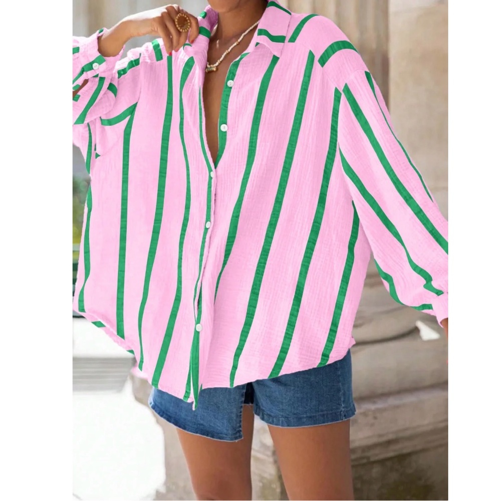 Pink with Green Stripes Oversized Button Down Shirt Long Sleeve - Picture 2 of 8